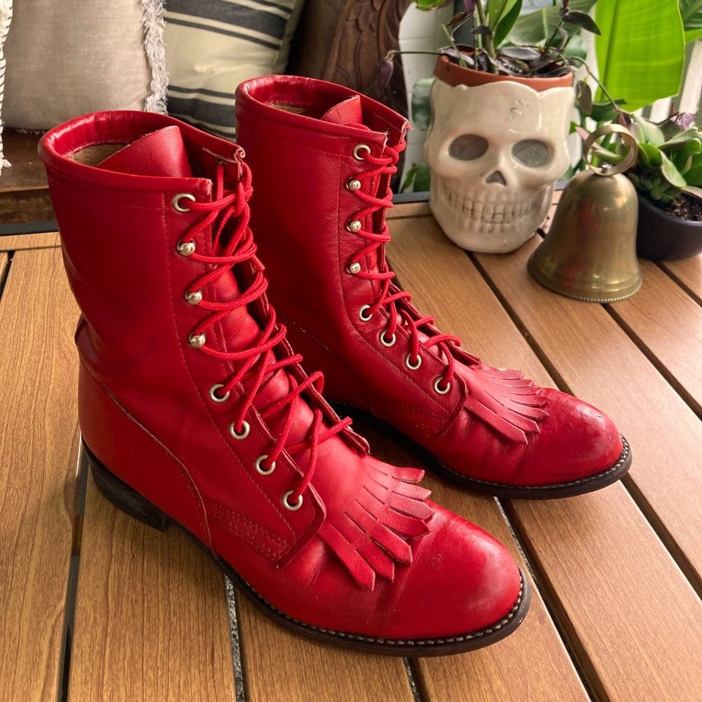 Vintage Wrangler Red Leather Western Lace-Up Boots w Fringe Tassel Size 7